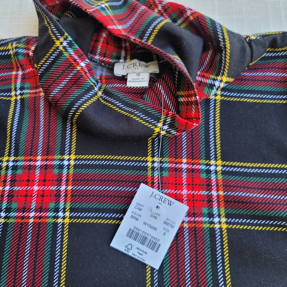 New J.Crew Sz Small S Printed tissue turtleneck Black Tartan plaid Top NWT